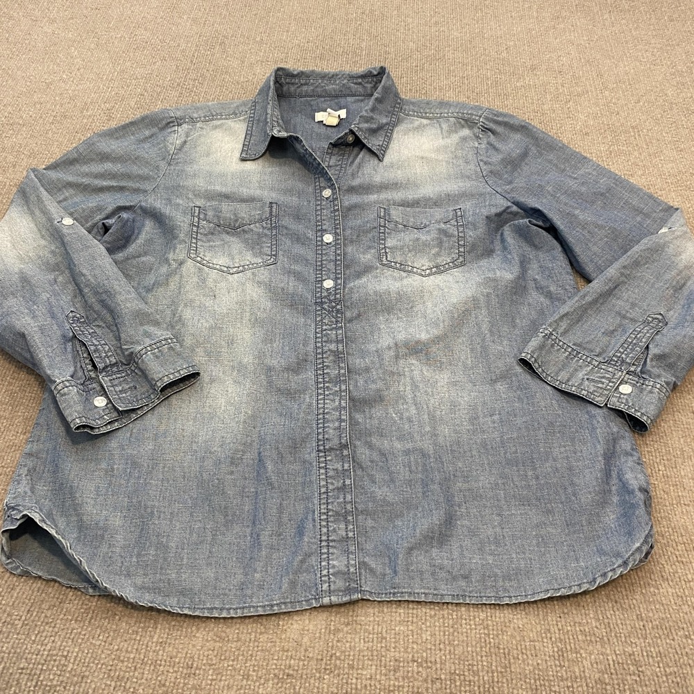 Chicos Shirt Womens 2 Blue Chambray Button Front Long Sleeve Denim Casual Top